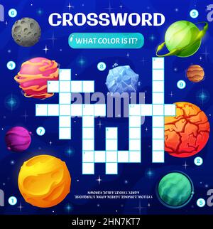 Kreuzworträtsel-Spiel Gitter mit Cartoon-Farbe Raum Planeten. Kinder finden ein Wort Kreuzworträtsel logische Puzzle, Kinder spielen Aktivität Vektor Arbeitsblatt wit Stock Vektor