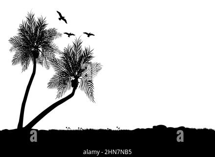 Zwei Silhouette von Kokospalmen mit Blumen und Gras und ein paar Vögeln fliegen Stock Vektor