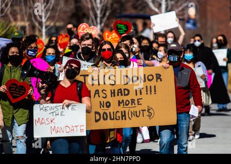 Reno, Usa. 14th. Februar 2022. Demonstranten folgen Emily Bird durch das Gelände des Campus.Studenten versammelten sich am Valentinstag in einem Protest, um ihre Universität zu bitten, das Maskenmandat wieder einzusetzen, nachdem es am 10th. Februar vom Gouverneur von Nevada, Steve Sisolak, entfernt wurde. Kredit: SOPA Images Limited/Alamy Live Nachrichten Stockfoto