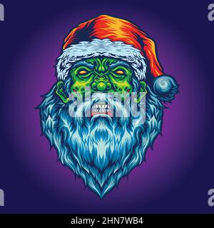 Scary Santa Claus Evil Zombie Weihnachtsmütze Vektor-Illustrationen für Ihre Arbeit Logo, Maskottchen Merchandise T-Shirt, Aufkleber und Label-Designs, Poster Stock Vektor