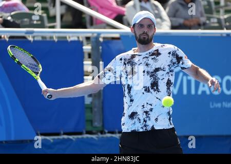 Februar 14 - Delray Beach: Oscar Otte(GER) besiegt Yoshihito Nishioka(JPN) 76(8) 63 während ihres ersten Runden-Spiels bei den Delray Beach Open 2022 von Vitacost.com. Quelle: Andrew Patron/MediaPunch Stockfoto