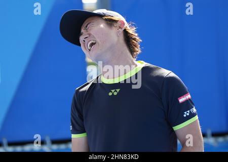 Februar, 14 - Delray Beach: Yoshihito Nishioka(JPN) verärgert hier, nachdem er bei ihrem ersten Spiel bei den Delray Beach Open von Vitacost.com einen Punkt gegen Oscar Otte(GER) verloren hatte. Quelle: Andrew Patron/MediaPunch Stockfoto