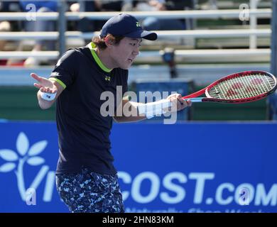 Februar, 14 - Delray Beach: Yoshihito Nishioka(JPN) verärgert hier, nachdem er bei ihrem ersten Spiel bei den Delray Beach Open von Vitacost.com einen Punkt gegen Oscar Otte(GER) verloren hatte. Quelle: Andrew Patron/MediaPunch Stockfoto