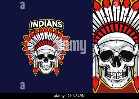 Indian Skull Chief Head Native American Warrior Logo Mit Roten Federn Vektor Illustration Maskottchen Design-Vorlage Stock Vektor