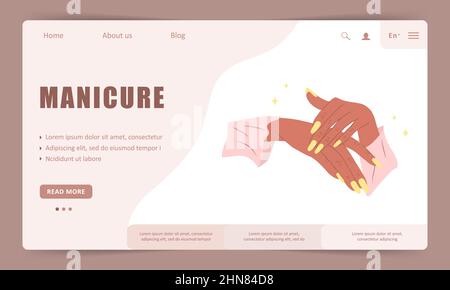 Vorlage für die Landing Page des Maniküre-Service. Elegante weibliche Hände. Beauty-Logo für Nagelstudio oder Spa-Salon. Vektor-Illustration in flachen Cartoon-Stil Stock Vektor