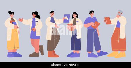 Ärzte und Krankenschwestern Krankenhauspersonal, medizinisches Gesundheitsteam tragen weiße Robe mit Klemmbrettern, Röntgen- oder Stethoskopen. Medizin Zeichen in Uniform, Klinik Personal Line Art flache Vektor Illustration Stock Vektor