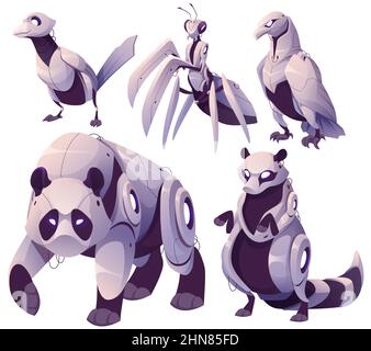 Roboter Tiere, futuristische Cyborgs Vögel Elster und Adler, Panda, Wespe und Waschbär. Cartoon Robotik Cyber-Charaktere, künstliche Intelligenz mechanische und elektronische Persönlichkeiten, isolierte Vektor-Set Stock Vektor