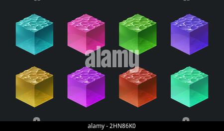 Isometrische Wasserwürfel für Spiel, isolierte 3D Elemente, bunte aqua texturierte Boxen aus blau, rosa, grün, rot, lila und gelb Farben mit Wellen auf flüssiger Oberfläche, Cartoon-Vektor-Illustration, Set Stock Vektor
