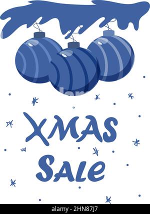 Banner zum Weihnachtsverkauf. Festliche Weihnachtskugeln auf dem Baum. Handgeschriebene Schriftzüge. Vektor im flachen Stil Stock Vektor