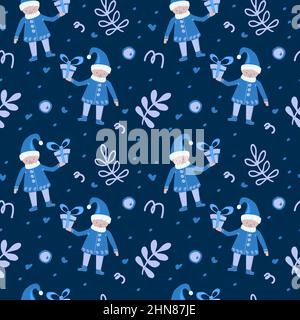 Festliche Elemente im nahtlosen Muster. Gnome mit Geschenken, Mistelzweigen und Konfetti. Weihnachten. Neujahr. Geeignet für Textilien und Verpackungen Stock Vektor
