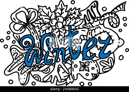 Winter-Handschriftzug und kritzelte festliche Elemente. Cartoon-Stil. Geschenk, Schneeflocke, Weihnachtskugeln, Fäustlinge, Weihnachts-Lebkuchen. Vektor Stock Vektor