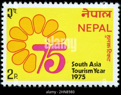 Briefmarke aus Nepal in der Südasien-Serie Tourismusjahr 1975 Stockfoto