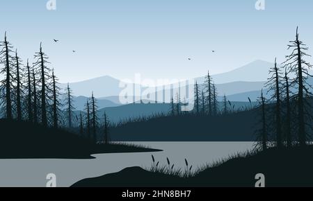 Tolle Aussicht auf die Berge mit Kiefernbaum Silhouette vom See.Vektor-Illustration einer Stadt Stock Vektor