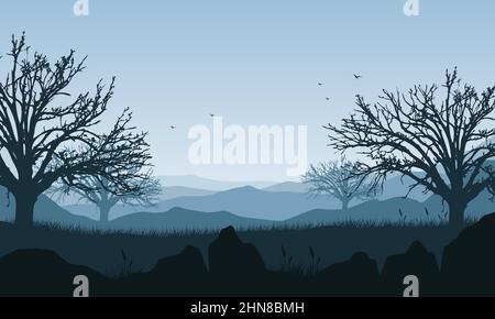 Bergpanorama mit ästhetischen trockenen Baumsilhouetten aus dem Land, wenn der Himmel blau ist.Vektor-Illustration einer Stadt Stock Vektor