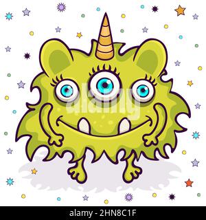 Niedliches Monster, lustige Zeichentrickfigur, bunte Handzeichnung. Fröhlich grün flauschig Märchen Kreatur lächelnd mit vielen Augen, toothy Mund und Horn, Stock Vektor