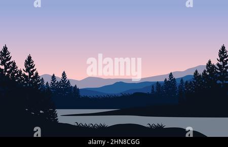 Tolle Aussicht auf die Berge mit schattigen Pinienbäumen Silhouetten vom See bei Sonnenuntergang.Vektor-Illustration einer Stadt Stock Vektor