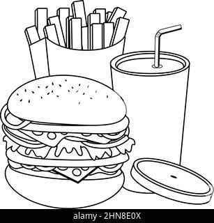 Fastfood-Hamburger, pommes Frites und Getränke. Vektor schwarz-weiß Malseite Stock Vektor