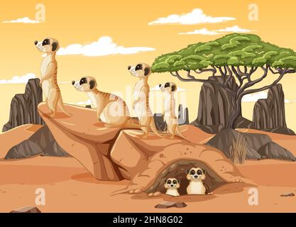 Wüstenhintergrund mit einer Gruppe von Erdmännchen Illustration Stock Vektor