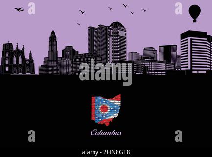 Columbus City Skyline Silhouette - Illustration, Stadt im blauen Hintergrund, Karte von Ohio Stock Vektor