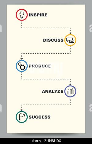 Infografik-Vorlage für Unternehmen mit Flussdiagramm in fünf Schritten. Startfortschritt und Entwicklungsdiagramm Stock Vektor