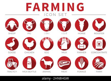 Red Flat Farming oder Farm Icon Set aus Schafen, Schwein, Kuh, Ziege, Pferd, Hahn, Gans, Huhn, Ei, Milch, Landwirt, Konzentrat, Traktor, Flasche, Tier, M Stock Vektor