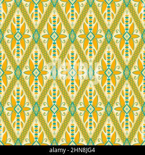 Gelb-grüne blaugrüne Blume auf Elfenbein. Geometrisches ethnisches orientalisches Muster traditionelles Design für Hintergrund, Teppich, Tapete, Kleidung, Verpackung, Batik, Stoff Stockfoto