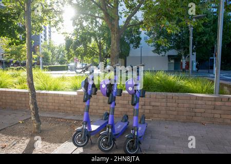 Canberra Australien, drei geparkte Beam e-Scooter auf den Straßen im Stadtzentrum von Canberra, Australien Stockfoto