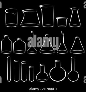 Vektorsymbole in verschiedenen Größen, Formen und Arten von chemischen Reagenzgläsern setzen minimalistische Illustrationen ein. Experimentieren Sie mit chemischen Kolben für wissenschaftliches Isol Stock Vektor