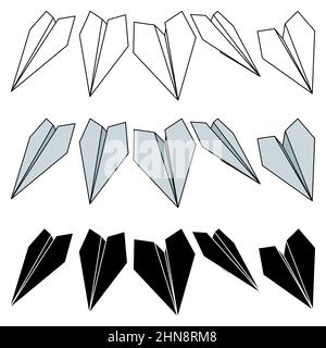 Satz aus drei Arten von Vektorgrafiken von Symbolen der Papierebene. Skizzieren Sie einfache, Silhouette und Farbe Papier Flugzeug isoliert auf weißem Hintergrund. Symbol s Stock Vektor