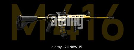 Goldene M416 Pistole, Automatische Waffe isoliert schwarz, militärische Armee Stockfoto