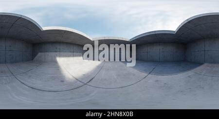 360-Grad-Panorama-Umgebungskarte von leerem abstrakten Betongebäude mit offenem Himmel 3D Render Illustration hdri hdr vr Virtual Reality Stockfoto