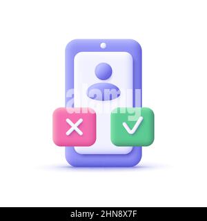 Smartphone mit Häkchen und Kreuz. Dating, Rekrutierung, Umfrage, Auswahl, Online-Test, internet-Quiz, ja und nein, Abstimmungskonzept. 3D Vektorsymbol Stock Vektor