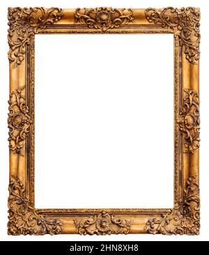 Hölzerner Vintage rechteckiger vergoldeter antiker leerer Bilderrahmen, isoliert auf weißem Hintergrund Stockfoto