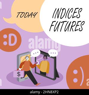 Text mit Inspiration Indizes Futures. Wort zum eingelöstem Terminkontrakt über den Wert einer Aktie zwei Kollegen treffen sich online Stockfoto