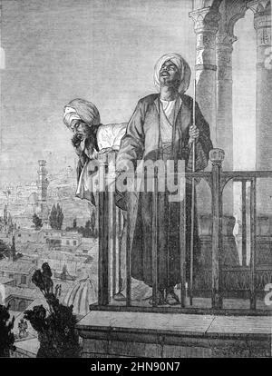 Muezzin Aufruf zum Gebet vom Minarett der Moschee Alexandria Ägypten. Vintage Illustration oder Gravur 1882 Stockfoto