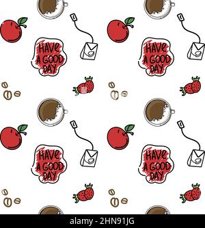 Eine nahtlose Zeichnung von warmen Frühstücksgetränken. Handgezeichnete Elemente im Doodle-Stil. Frühstück. Guten Morgen. Kaffee, grüner Tee, Apfel und Erdbeeren Stock Vektor