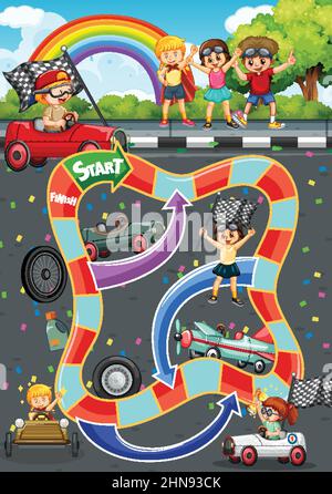 Schlange und Leitern Spiel Vorlage in Rennwagen Wettbewerb Thema Illustration Stock Vektor