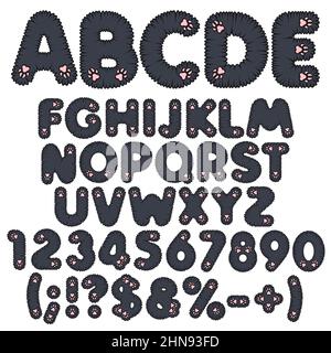 Flauschiges schwarzes Alphabet, Buchstaben, Zahlen und Schilder mit rosa Pfoten. Satz isolierter Vektorobjekte auf weißem Hintergrund. Stock Vektor