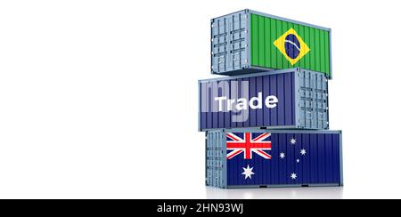 Frachtcontainer mit Nationalflagge Brasiliens und Australiens. 3D Rendering Stockfoto