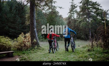 Rückansicht von älteren Bikern, die am Herbsttag im Wald E-Bikes im Freien laufen und schieben. Stockfoto