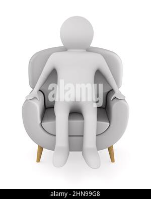 Mann sitzt im Sessel auf weißem Hintergrund. Isolierte 3D-Abbildung Stockfoto