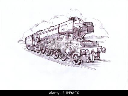 Skizze für eine altmodische Dampfeisenbahn auf weißem Hintergrund. Stockfoto
