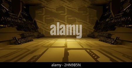 Surreale Technologie leerer Flur Korridor Raum Garage Studio Tanz glühend fester Beton Metallisch Lila Farben Hintergrund Tapete surreale Zukunft U Stockfoto