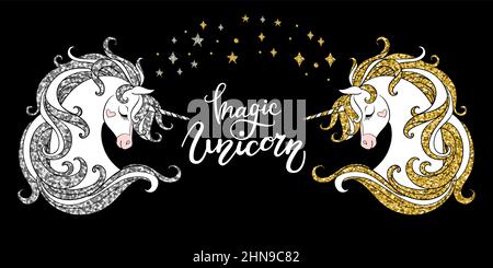 Goldene und silberne funkeln niedlichen Cartoon Einhorn Köpfe mit Sternen auf schwarzem Hintergrund. Magisches Einhorn - Schriftzug Zitat. Poster, Aufkleber, Design und dec Stock Vektor