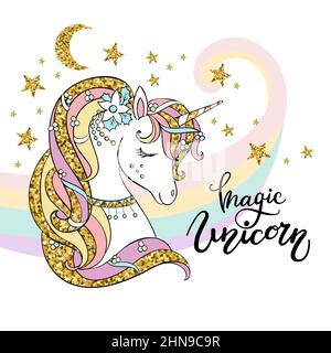 Cute Cartoon Einhorn-Porträt mit goldenem Glanz Haupt mit Sternen und Regenbogen auf weißem Hintergrund. Magisches Einhorn - Schriftzug Zitat. Poster, Aufkleber, Stock Vektor