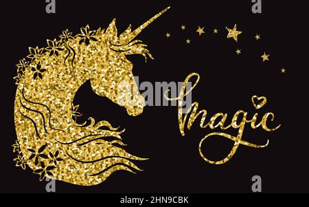 Goldenes Funkeln Einhorn Kopf mit Blumen in Mähne und Sterne auf schwarzem Hintergrund. Magic - Lettering Zitat. Poster, Aufkleber, Design- und Dekordruck. Vec Stock Vektor