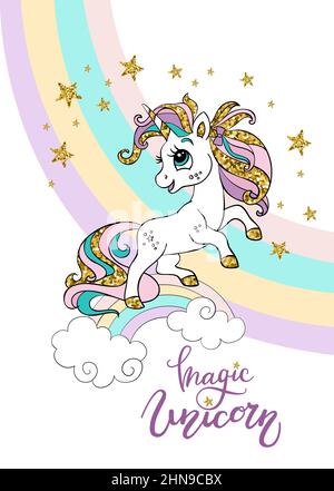 Niedliches Cartoon-Einhorn mit goldenem Glanz, Sternen und Regenbogen auf weißem Hintergrund. Magisches Einhorn - Schriftzug Zitat. Poster, Aufkleber, Design und Dekor p Stock Vektor