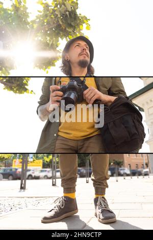 Kreative Collage. Porträt eines jungen Mannes, Fotografen, Kameramann mit professioneller Kamera, Ausrüstung während der Arbeit Sommertag im Freien. Konzept von Stockfoto