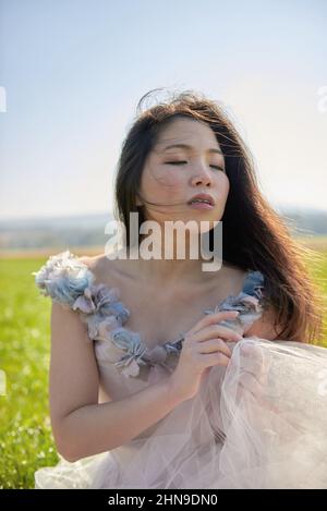 Junge schöne lange schwarze Haare asiatische Frau trägt ein lila romantisches Kleid stehen in einem hinterleuchteten Grasfeld Stockfoto