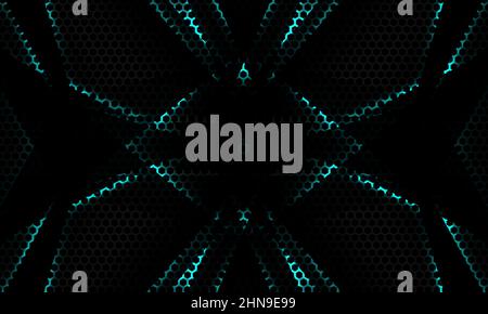 Abstrakter Gaming-Hintergrund mit schwarzem Sechseck-Kohlefaser, geometrischen Blu-Objekten und Schatten Stock Vektor